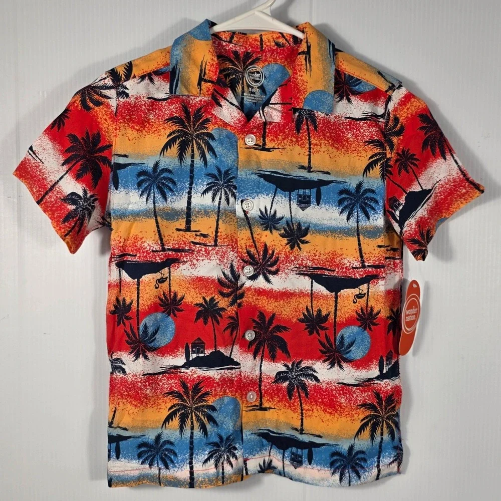 Wonder Nation Boy Short Sleeve Tropical Sunset Palm Tree Button Down Shirt S 6-7